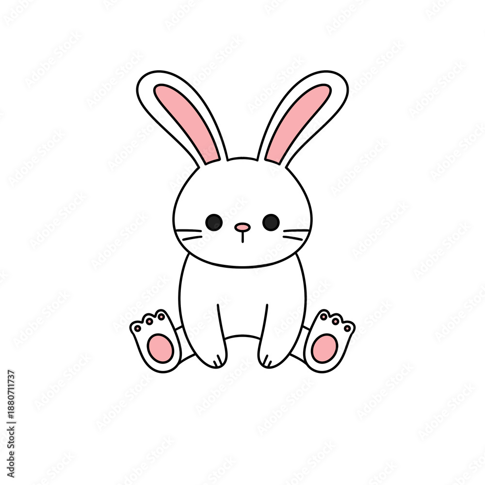 Obraz premium A cute cartoon rabbit with pink ears and feet sits on its hind legs