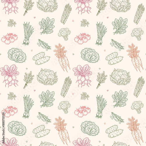Vector seamless pattern of fresh spring vegetables on a soft pastel background: radish, cucumber, asparagus, peas, carrot, lettuce, cherry tomatoes, green onion, broccoli, cauliflower