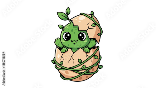 Cute green creature hatching from a cracked egg with vines