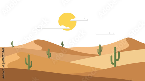 Desert landscape with sand dunes cacti and a sun