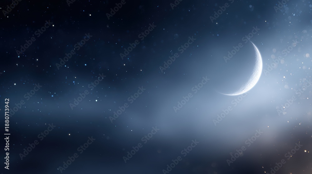 Fototapeta premium Night sky background with glowing crescent moon and scattered stars, peaceful Ramadan mood,
