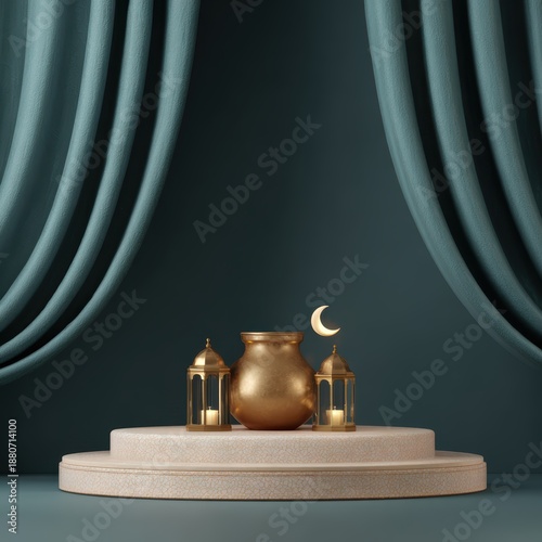 3D illustration Ramadan Kareem podium with bedug drum and Islamic decor,