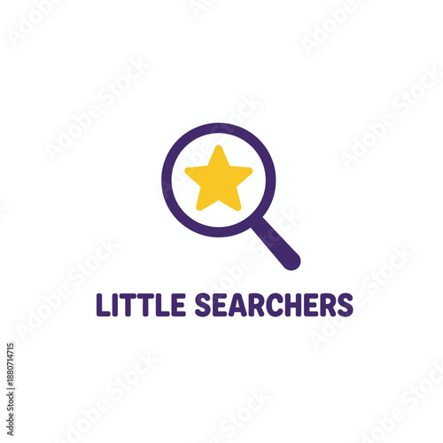 Playful magnifying glass with a yellow star for children educational discovery or daycare branding identity known as Little Searchers.
