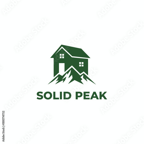 Minimalist house silhouette integrated with rugged mountain peaks for real estate or outdoor lodging branding identified as Solid Peak