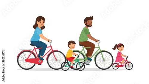Family riding bicycles in a line against a white background