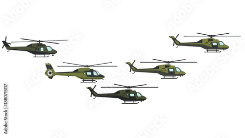 Five pixel art helicopters in various positions on a white background