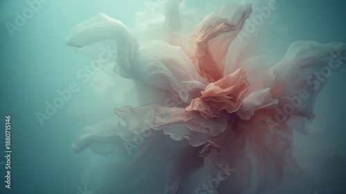 Smooth blue jellyfish flow through dark water in a wavy motion against a black backdrop featuring an artistic smoke pattern and light curves