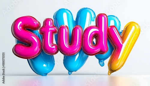 The word Study rendered in bold, vibrant colors, with a playful font that conveys enthusiasm, set against a crisp white background, symbolizing the excitement of learning.