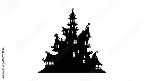 Spooky haunted house silhouette illustration, a creepy old mansion or mysterious castle design for Halloween and fantasy projects