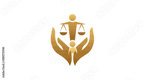 Golden Law and Justice Icon with Protecting Hands, Balance Scales, Adult and Child Figures - Symbolizing Family Legal Care and Advocacy
