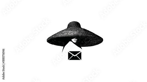 Stylized UFO abducting or sending mail envelope illustration. Sci-fi concept for digital communication, secure messages, or alien contact.