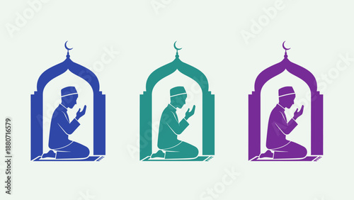 Multicolor Prayer Silhouettes Vector in Mosque Frames – Islamic Worship, Spiritual Devotion, Ramadan and Eid Unity Illustration for Religious Design and Cultural Themes