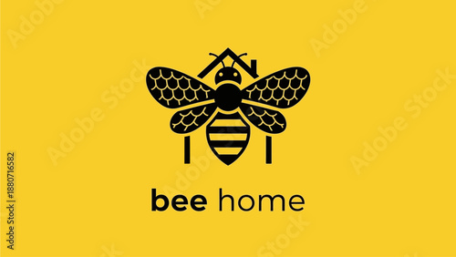 Stylized black bee and house icon logo design on bright yellow background, representing home, nature, and community