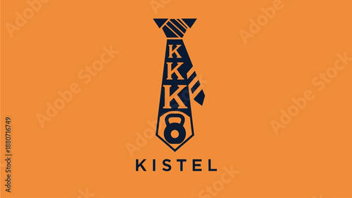 Modern graphic logo concept blending a corporate necktie with a fitness kettlebell, symbolizing strength and business on a vibrant orange background.