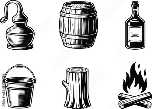 Black and white of moonshine still and campfire tools