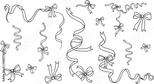 Decorative ribbon bow line art collection elegant curls isolated black vector design elements illustration set