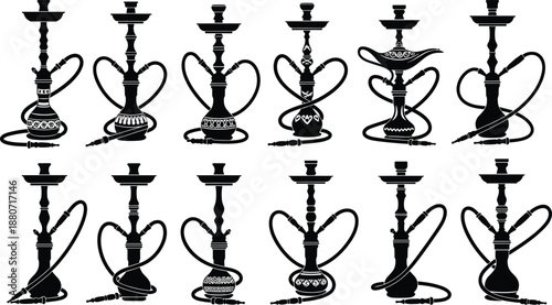 Hookah shisha silhouettes collection traditional water pipes isolated black vector oriental smoking culture illustration set