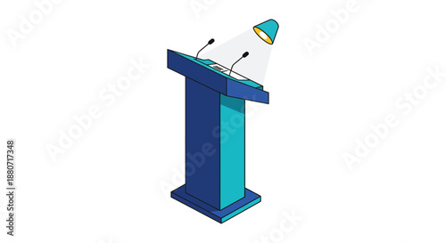 public speaking podium with microphones and a bright spotlight for presentations and debates at a conference or professional event