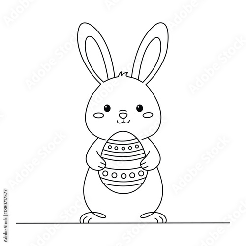 Minimalist Adorable Front View Easter Bunny Holding Large Decorated Egg Line Art Illustration