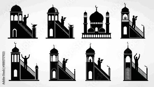Islamic Minaret Silhouettes Vector – Eight Black Mosque and Adhan Icons Featuring Call to Prayer Platforms, Domes, and Staircase Architecture for Religious, Cultural, and Educational Design