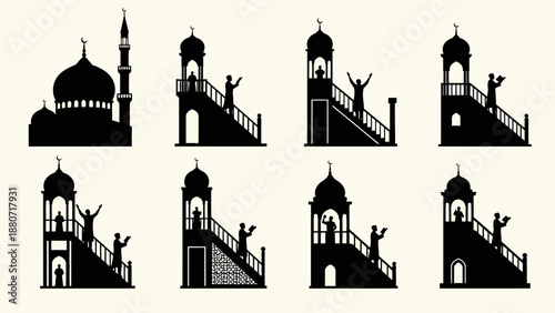 Islamic Minaret Silhouettes Vector – Eight Black Mosque and Adhan Icons Featuring Call to Prayer Platforms, Domes, and Staircase Architecture for Religious, Cultural, and Educational Design