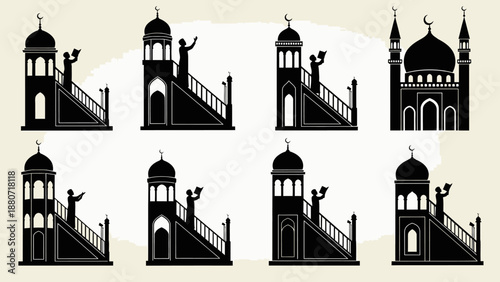 Islamic Minaret Silhouettes Vector – Eight Black Mosque and Adhan Icons Featuring Call to Prayer Platforms, Domes, and Staircase Architecture for Religious, Cultural, and Educational Design