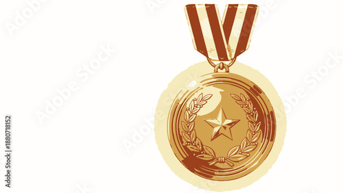 Gold medal with star and laurel wreath on striped ribbon.