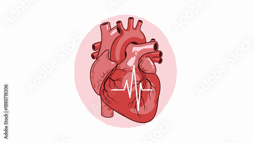 Detailed medical illustration of a human heart with heartbeat line.