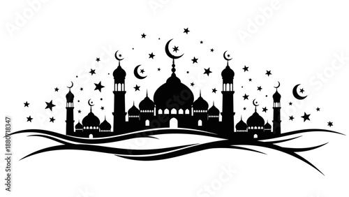 Mosque Silhouette Vector with Crescent Moon and Stars – Islamic Architecture in Black and White for Ramadan, Eid, Spiritual Design, and Religious Celebration Themes