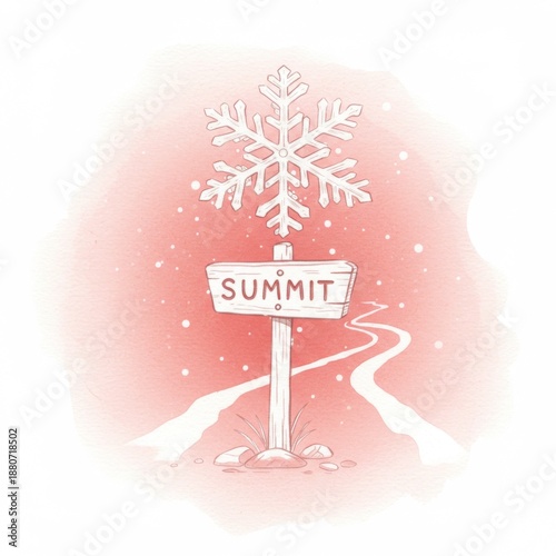 Watercolor Summit Sign with Snowflake Design on Winter Landscape Illustration