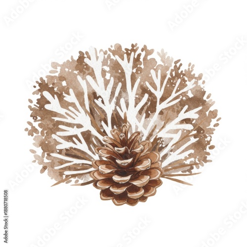 Pinecone with Brown Floral Design and White Branches Against White Background
