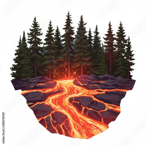 Vibrant Lava Flowing Through Rocky Terrain Surrounded by Pixelated Coniferous Forest