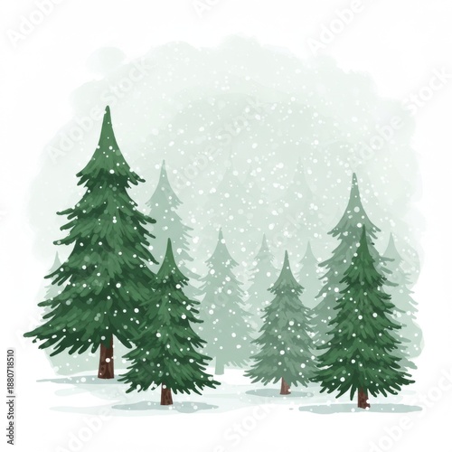 Snowy Pine Trees in a Winter Forest with Falling Snow Illustration