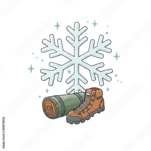 Winter Holiday Graphic Featuring Snowflake Sleeping Roll And Hiking Boots On White