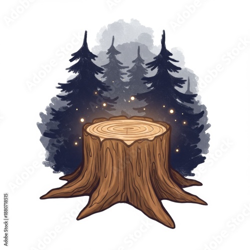 Brown Tree Stump in a Forest with Tall Green Trees in the Background