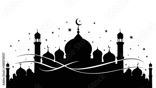 Mosque Silhouette Vector with Crescent Moon and Stars – Islamic Architecture in Black and White for Ramadan, Eid, Spiritual Design, and Religious Celebration Themes