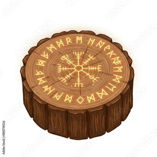 Rustic Wooden Disk with Glowing Runes and Viking Symbols on White Backdrop