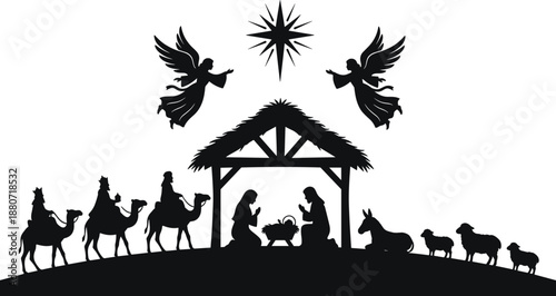 Silhouettes of nativity scene with baby Jesus, Mary, Joseph, angels, wise men, camels, star of Bethlehem, animals, stable, Christmas worship