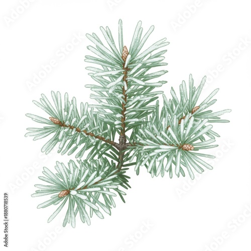 Frosted Fir Branch with Green Needles and Brown Stem on White Background