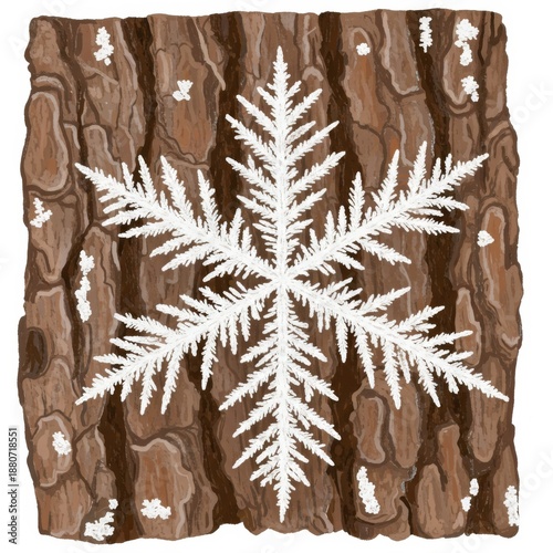 Detailed White Snowflake on Rough Textured Tree Bark for Winter Design