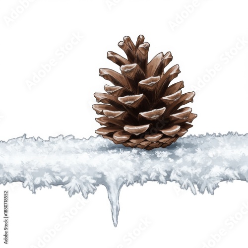 Pixel Art Pinecone on Snowy Branch with Icicle in Winter Scene on White
