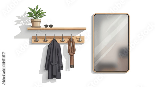 Hallway scene with coat rack shelf plant sunglasses and mirror