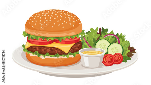 Hamburger and salad on a plate