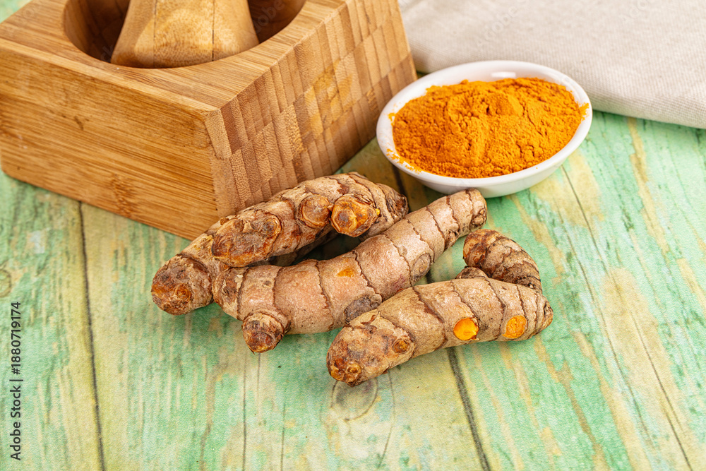 Fototapeta premium Fresh aroma tumeric roots heap