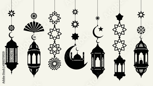 Islamic Art Silhouette Vector – Mosque with Crescent Moons, Geometric Patterns, and Stars for Ramadan, Eid, Spiritual Design, and Cultural Decoration Themes