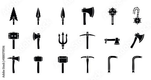 A diverse set of weapon and tool silhouettes including axes, maces, spears, hammers, and pickaxes suitable for gaming, educational resources, and vintage themed graphics