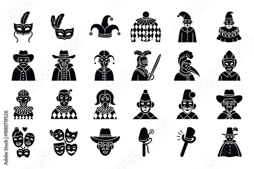 Set of theater masks and carnival characters icons featuring jesters, clowns, knights, and cowboys for various graphic design resources and performance art symbols