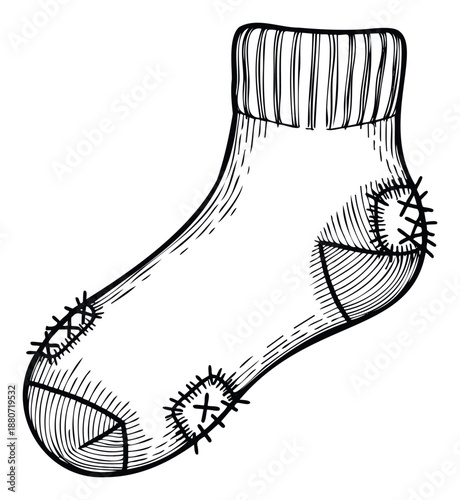 Hand drawn rustic mended sock with stitched patches illustrating warmth and comfort, ideal for textile or apparel related projects and cozy winter themed graphics