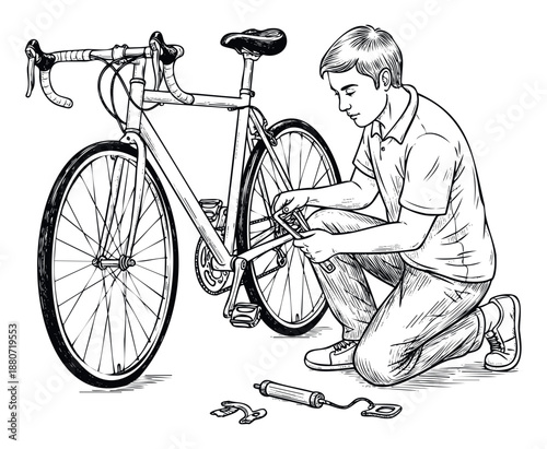Young man kneeling and adjusting the chain on his road bicycle, showing a hobby of bike repair and maintenance perfect for sporting goods promotions or DIY guides