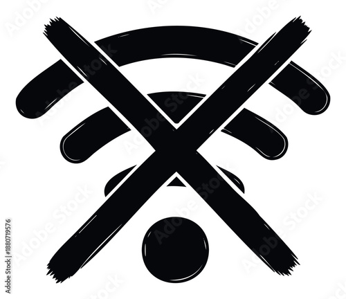 Bold brush stroke style no WiFi signal icon representing connection issues or offline status suitable for digital interface warnings applications